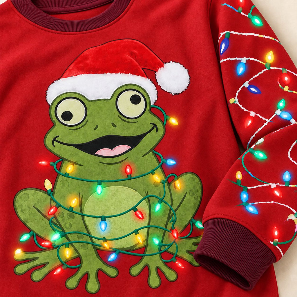 Santa Hat Frog Ugly Christmas Sweater — Frog Wrapped in Christmas Lights, Light-String Sleeves, Red or Black, S to 5XL
