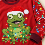 Santa Hat Frog Ugly Christmas Sweater — Frog Wrapped in Christmas Lights, Light-String Sleeves, Red or Black, S to 5XL