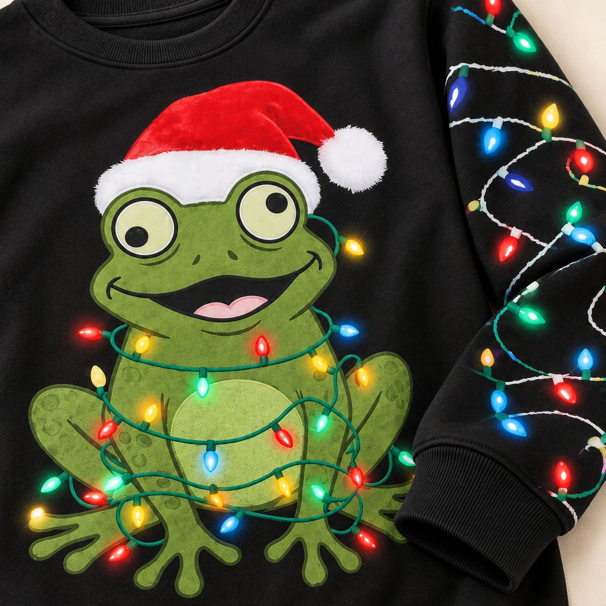Santa Hat Frog Ugly Christmas Sweater — Frog Wrapped in Christmas Lights, Light-String Sleeves, Red or Black, S to 5XL