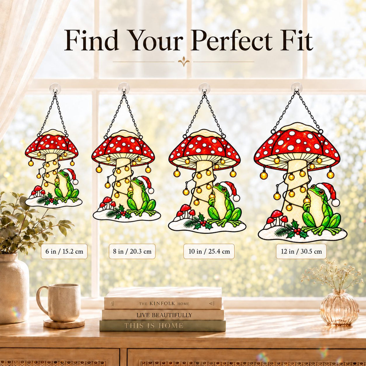 Santa Hat Frog under a Snowy Mushroom Holographic Acrylic Suncatcher