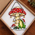 Santa Hat Frog under a Snowy Mushroom Holographic Acrylic Suncatcher