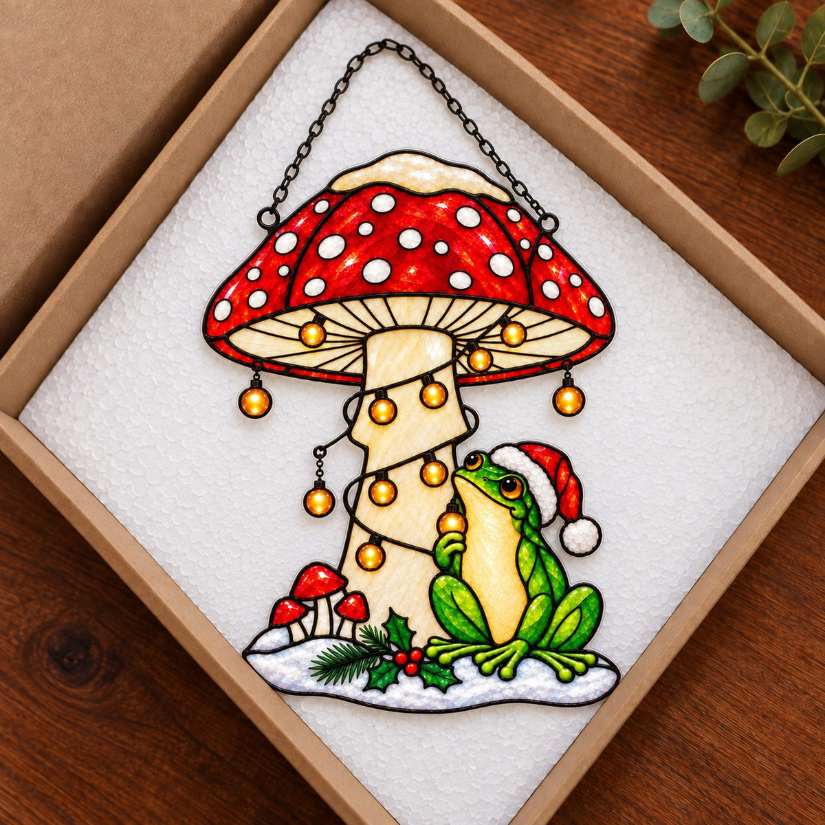 Santa Hat Frog under a Snowy Mushroom Holographic Acrylic Suncatcher