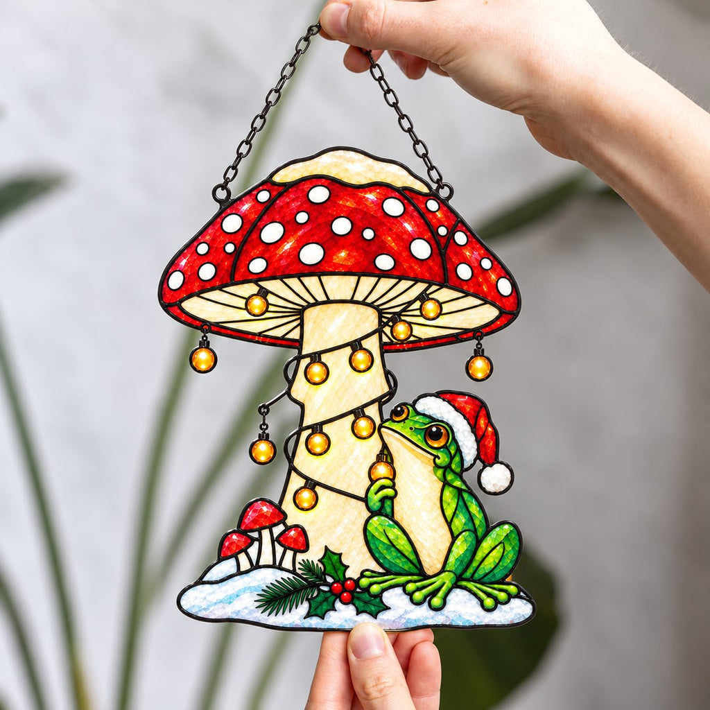 Santa Hat Frog under a Snowy Mushroom Holographic Acrylic Suncatcher