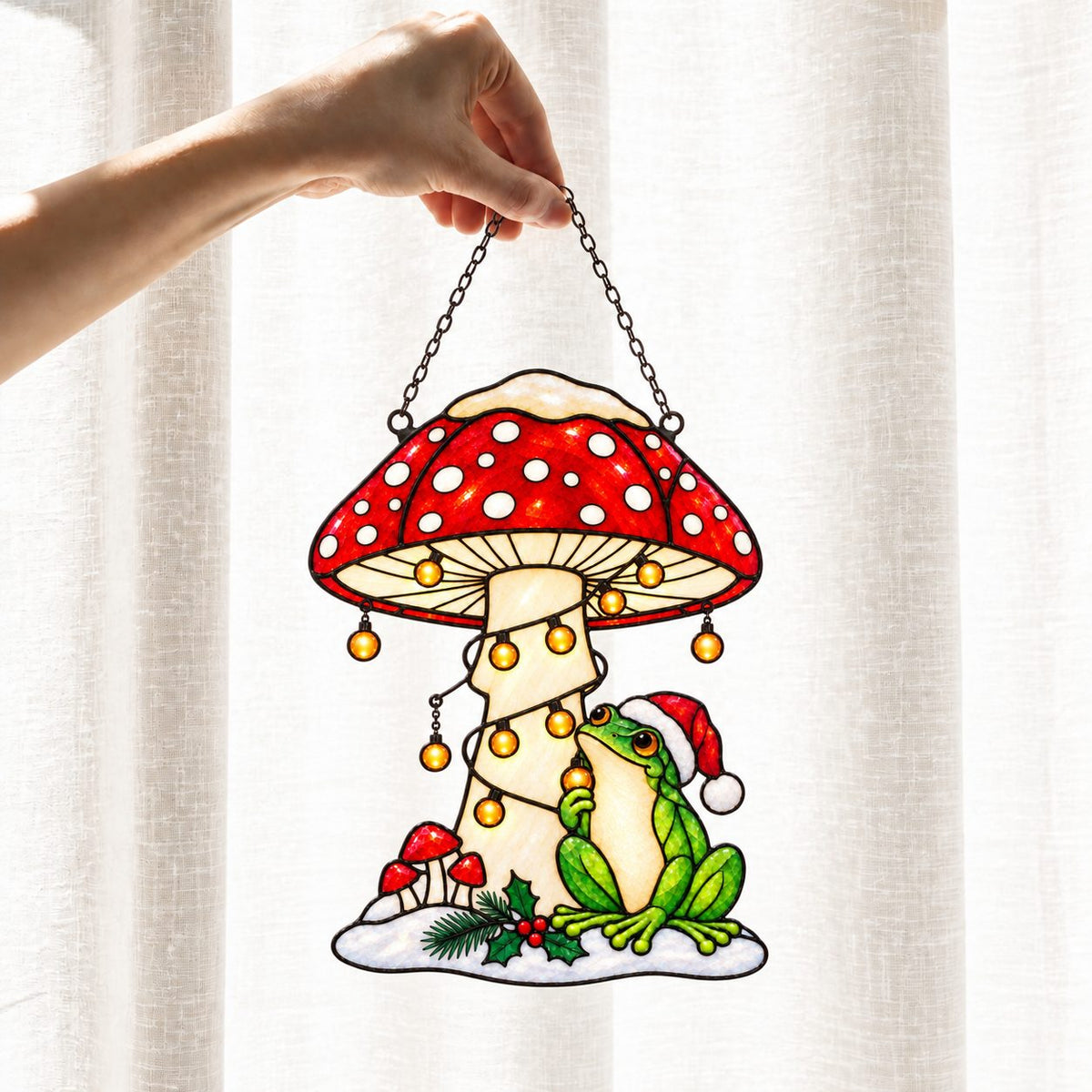 Santa Hat Frog under a Snowy Mushroom Holographic Acrylic Suncatcher
