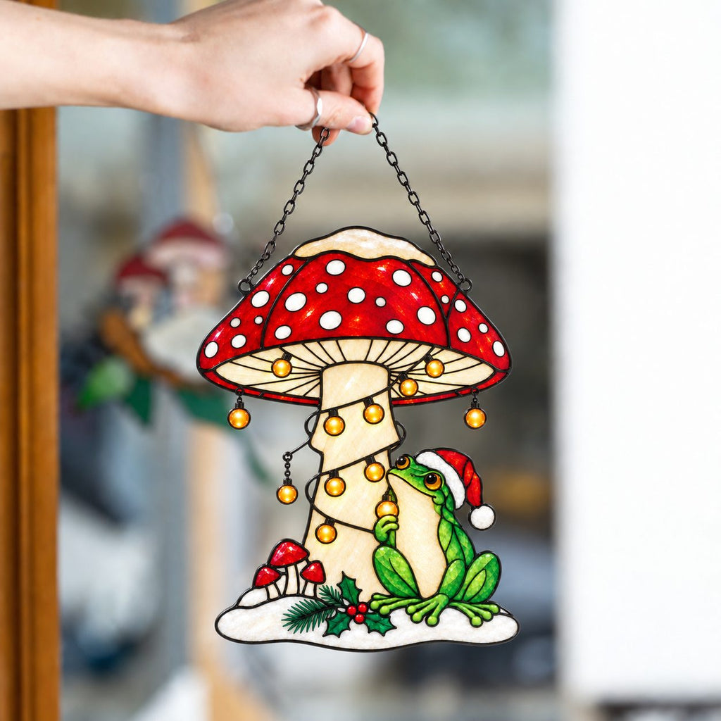 Santa Hat Frog under a Snowy Mushroom Holographic Acrylic Suncatcher