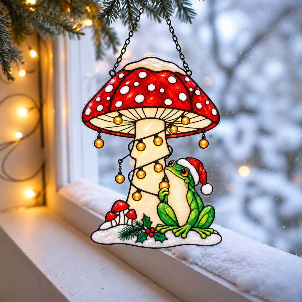 Santa Hat Frog under a Snowy Mushroom Holographic Acrylic Suncatcher