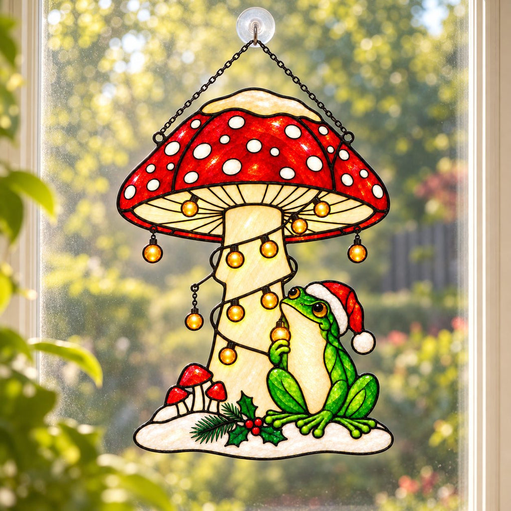 Santa Hat Frog under a Snowy Mushroom Holographic Acrylic Suncatcher