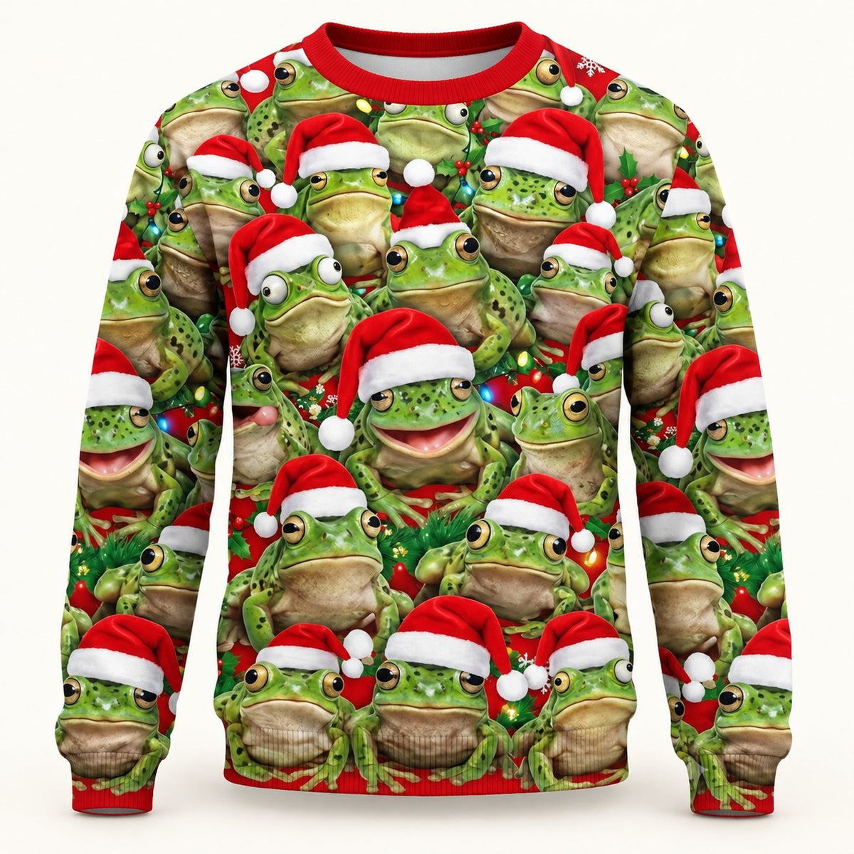 Santa Hat Frogs All-Over Print Ugly Christmas Sweatshirt — A Crowd of Frogs in Santa Hats, Unisex S to 5XL