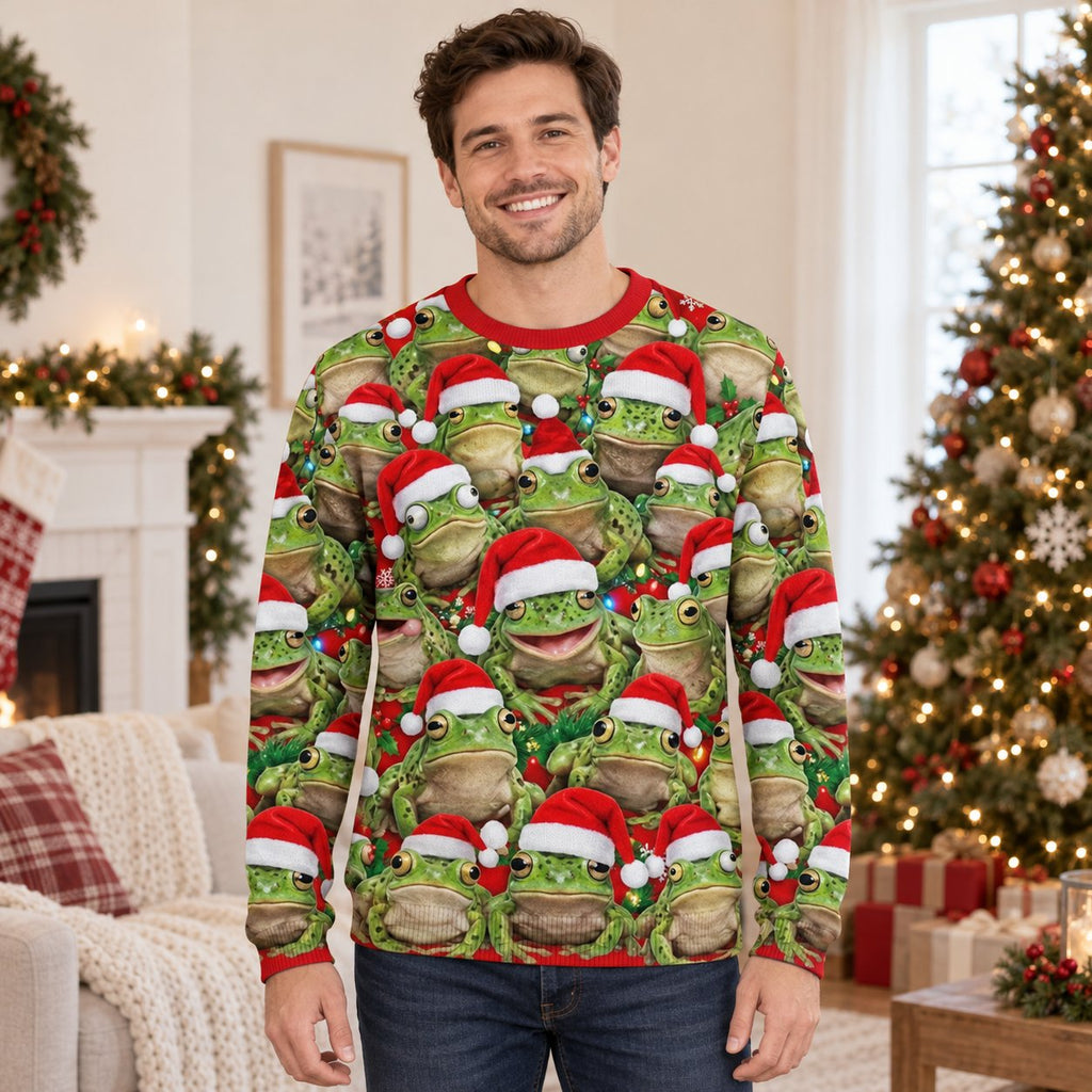 Santa Hat Frogs All-Over Print Ugly Christmas Sweatshirt — A Crowd of Frogs in Santa Hats, Unisex S to 5XL