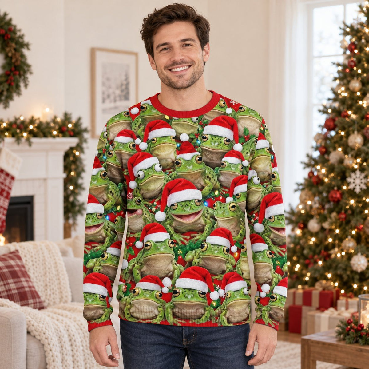 Santa Hat Frogs All-Over Print Ugly Christmas Sweatshirt — A Crowd of Frogs in Santa Hats, Unisex S to 5XL