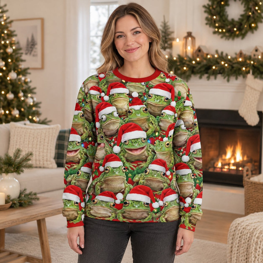 Santa Hat Frogs All-Over Print Ugly Christmas Sweatshirt — A Crowd of Frogs in Santa Hats, Unisex S to 5XL
