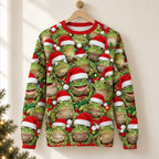 Santa Hat Frogs All-Over Print Ugly Christmas Sweatshirt — A Crowd of Frogs in Santa Hats, Unisex S to 5XL