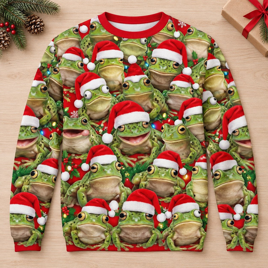 Santa Hat Frogs All-Over Print Ugly Christmas Sweatshirt — A Crowd of Frogs in Santa Hats, Unisex S to 5XL