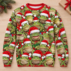 Santa Hat Frogs All-Over Print Ugly Christmas Sweatshirt — A Crowd of Frogs in Santa Hats, Unisex S to 5XL