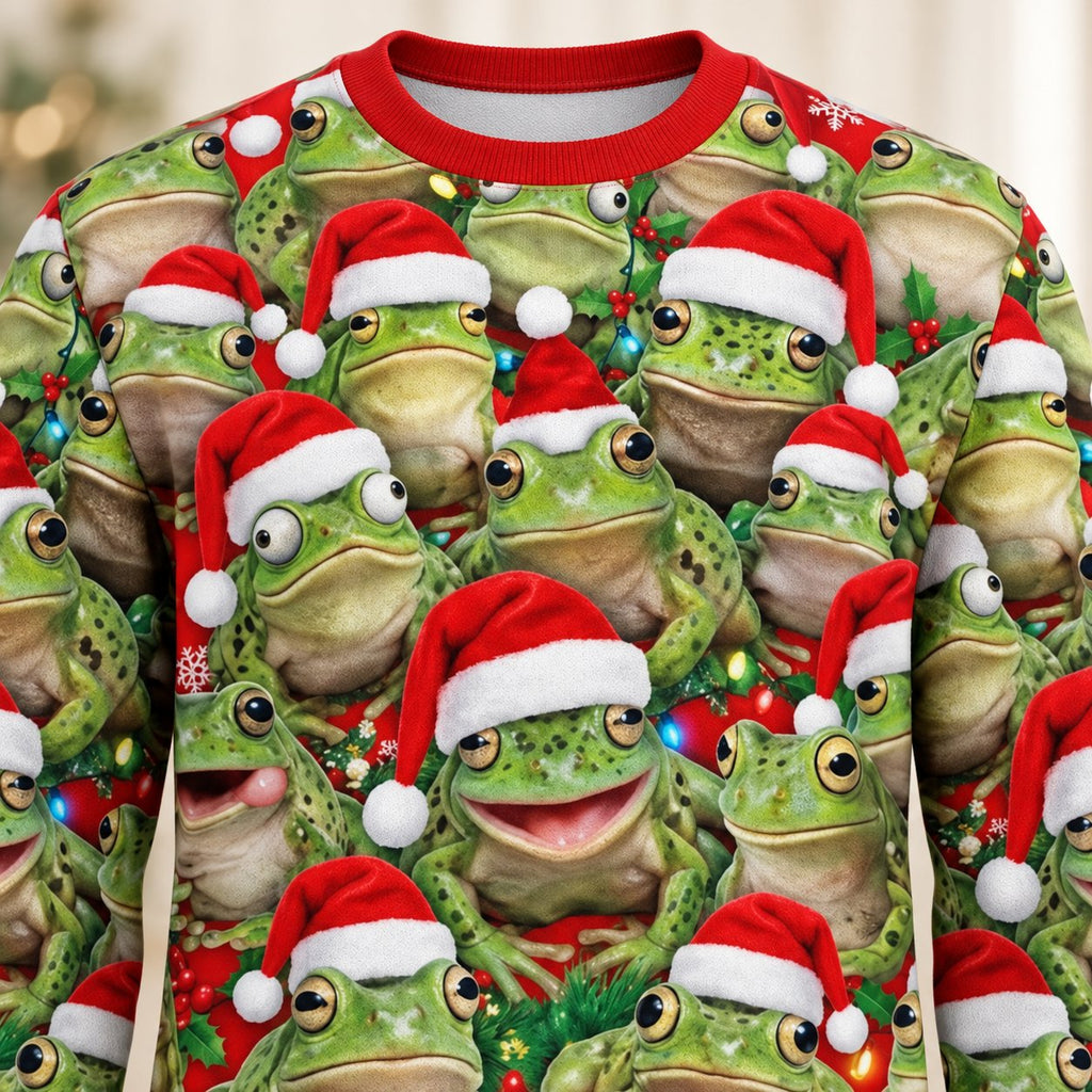 Santa Hat Frogs All-Over Print Ugly Christmas Sweatshirt — A Crowd of Frogs in Santa Hats, Unisex S to 5XL