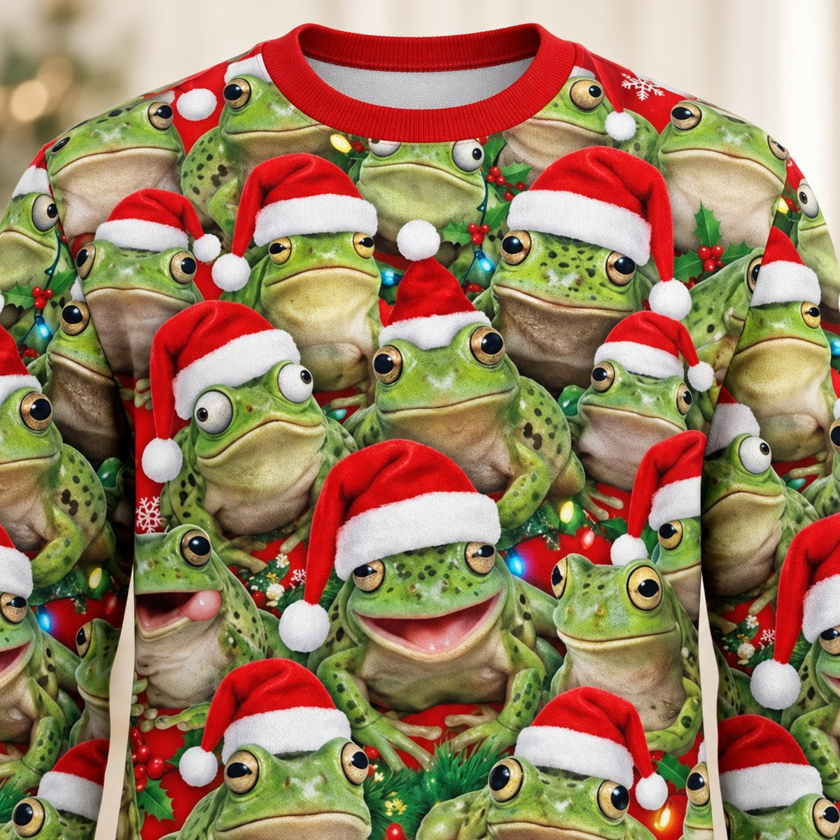 Santa Hat Frogs All-Over Print Ugly Christmas Sweatshirt — A Crowd of Frogs in Santa Hats, Unisex S to 5XL