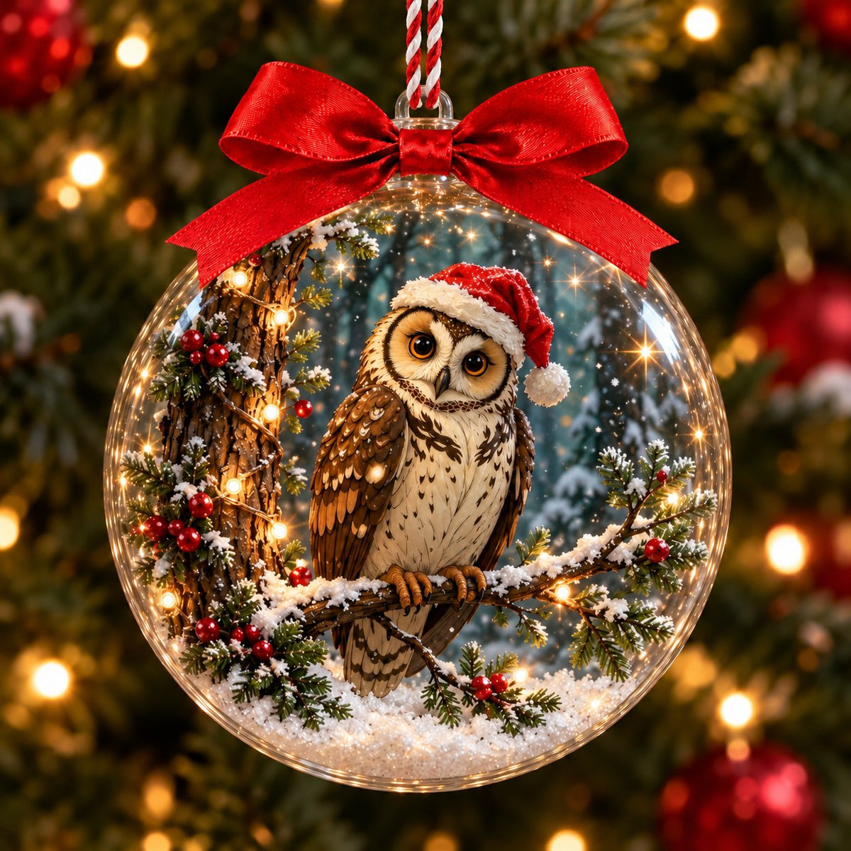 Owl in a Santa Hat on a Snowy Branch Christmas Bauble Ornament