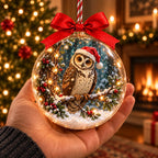 Owl in a Santa Hat on a Snowy Branch Christmas Bauble Ornament