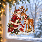 Santa and Reindeer Sharing a Scarf Holographic Acrylic Suncatcher