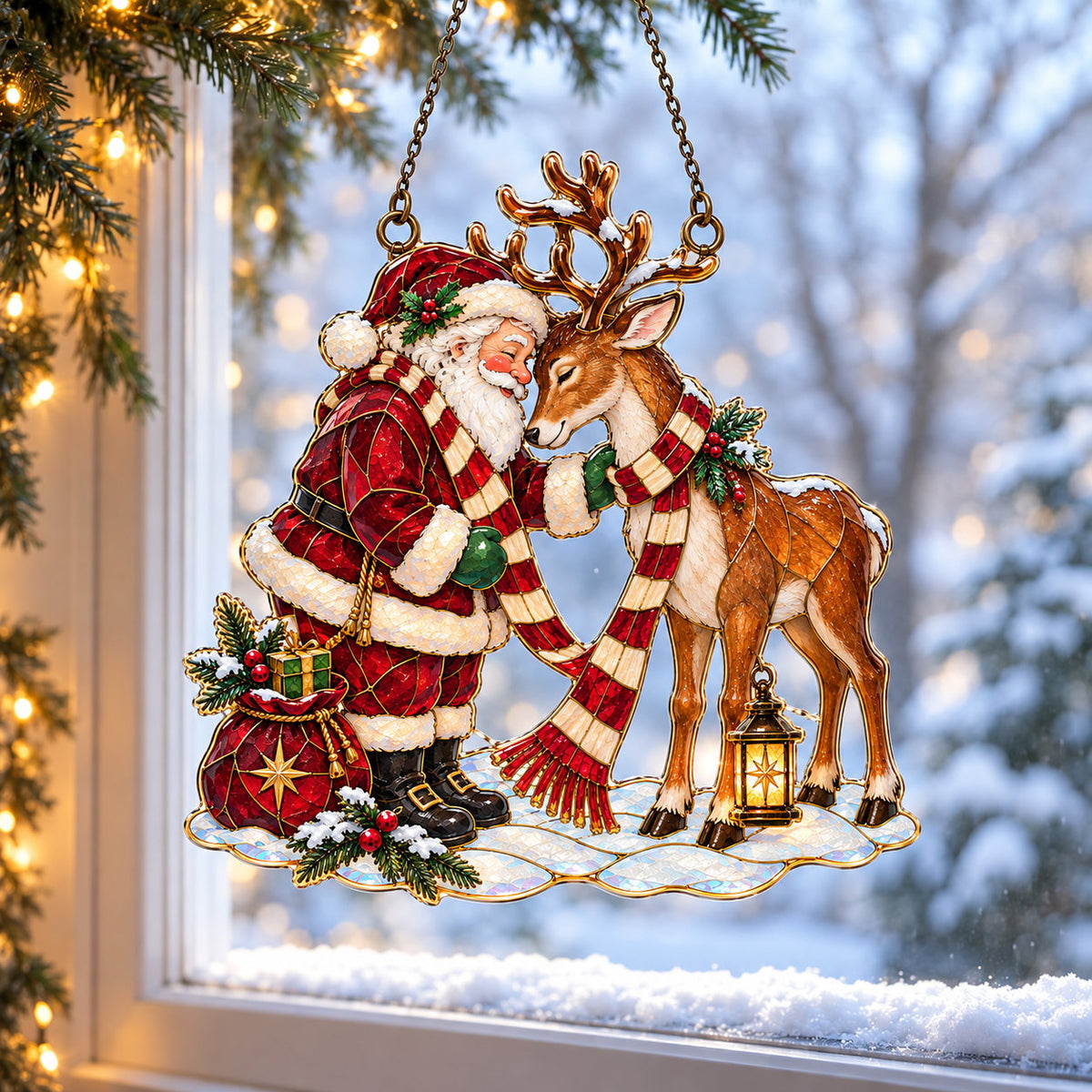 Santa and Reindeer Sharing a Scarf Holographic Acrylic Suncatcher