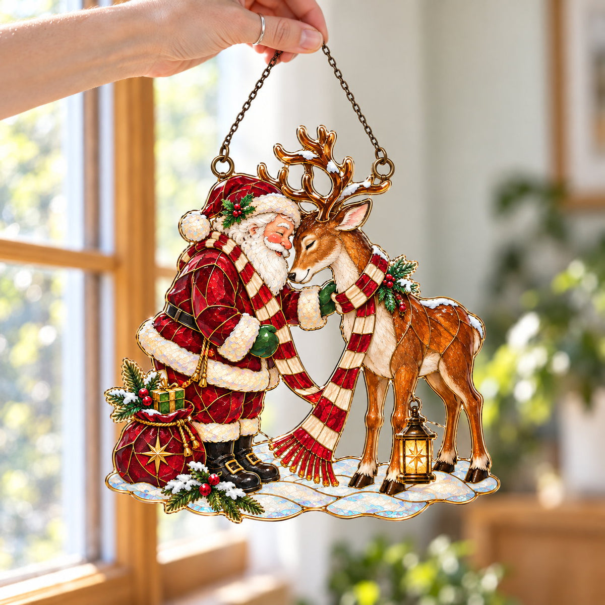 Santa and Reindeer Sharing a Scarf Holographic Acrylic Suncatcher