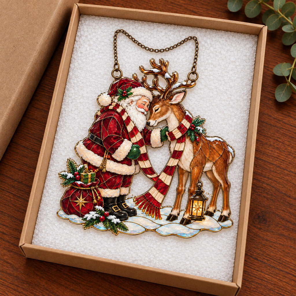 Santa and Reindeer Sharing a Scarf Holographic Acrylic Suncatcher