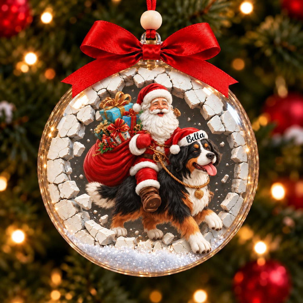 Personalized Santa & Dog Christmas Ornament — Santa Rides Your German Shepherd, Bernese, Rottweiler, Great Pyrenees or Husky Through the Wall, Custom Dog Name
