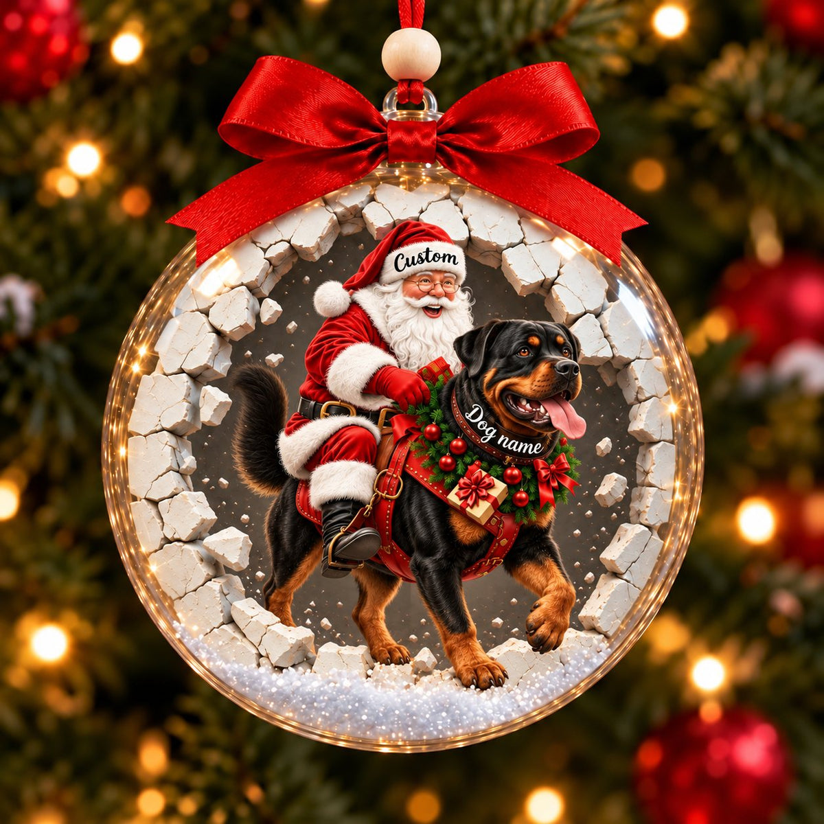 Personalized Santa & Dog Christmas Ornament — Santa Rides Your German Shepherd, Bernese, Rottweiler, Great Pyrenees or Husky Through the Wall, Custom Dog Name