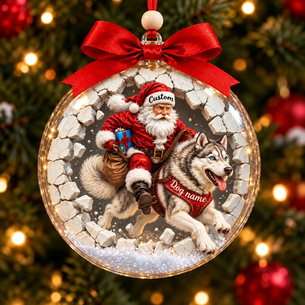 Personalized Santa & Dog Christmas Ornament — Santa Rides Your German Shepherd, Bernese, Rottweiler, Great Pyrenees or Husky Through the Wall, Custom Dog Name