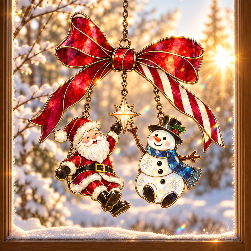 Santa and Snowman on a Candy Cane Bow Holographic Acrylic Suncatcher