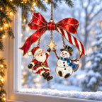 Santa and Snowman on a Candy Cane Bow Holographic Acrylic Suncatcher