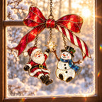 Santa and Snowman on a Candy Cane Bow Holographic Acrylic Suncatcher