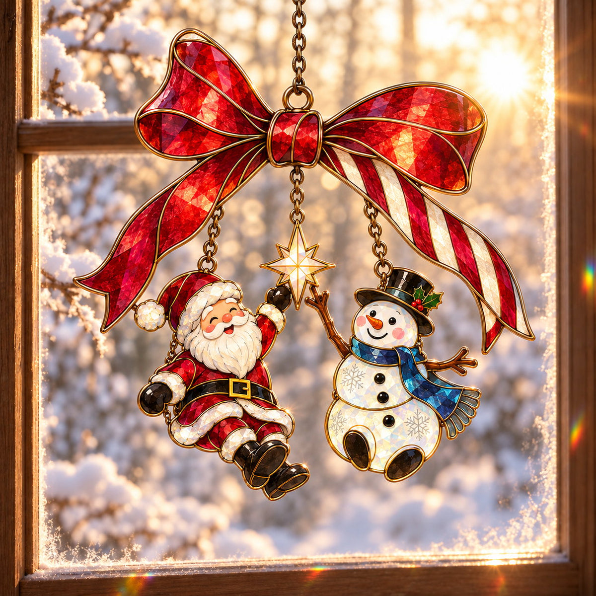 Santa and Snowman on a Candy Cane Bow Holographic Acrylic Suncatcher