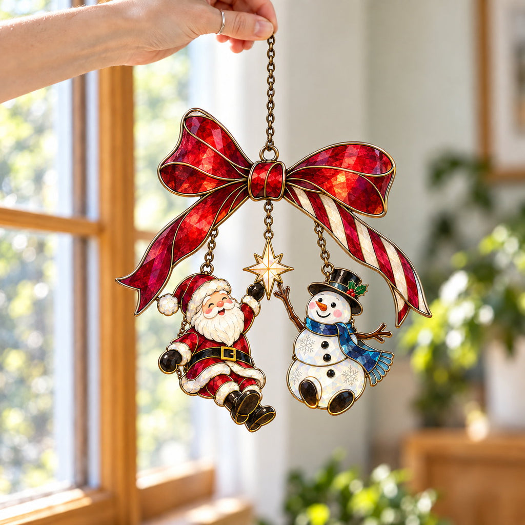 Santa and Snowman on a Candy Cane Bow Holographic Acrylic Suncatcher