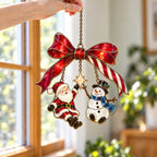 Santa and Snowman on a Candy Cane Bow Holographic Acrylic Suncatcher