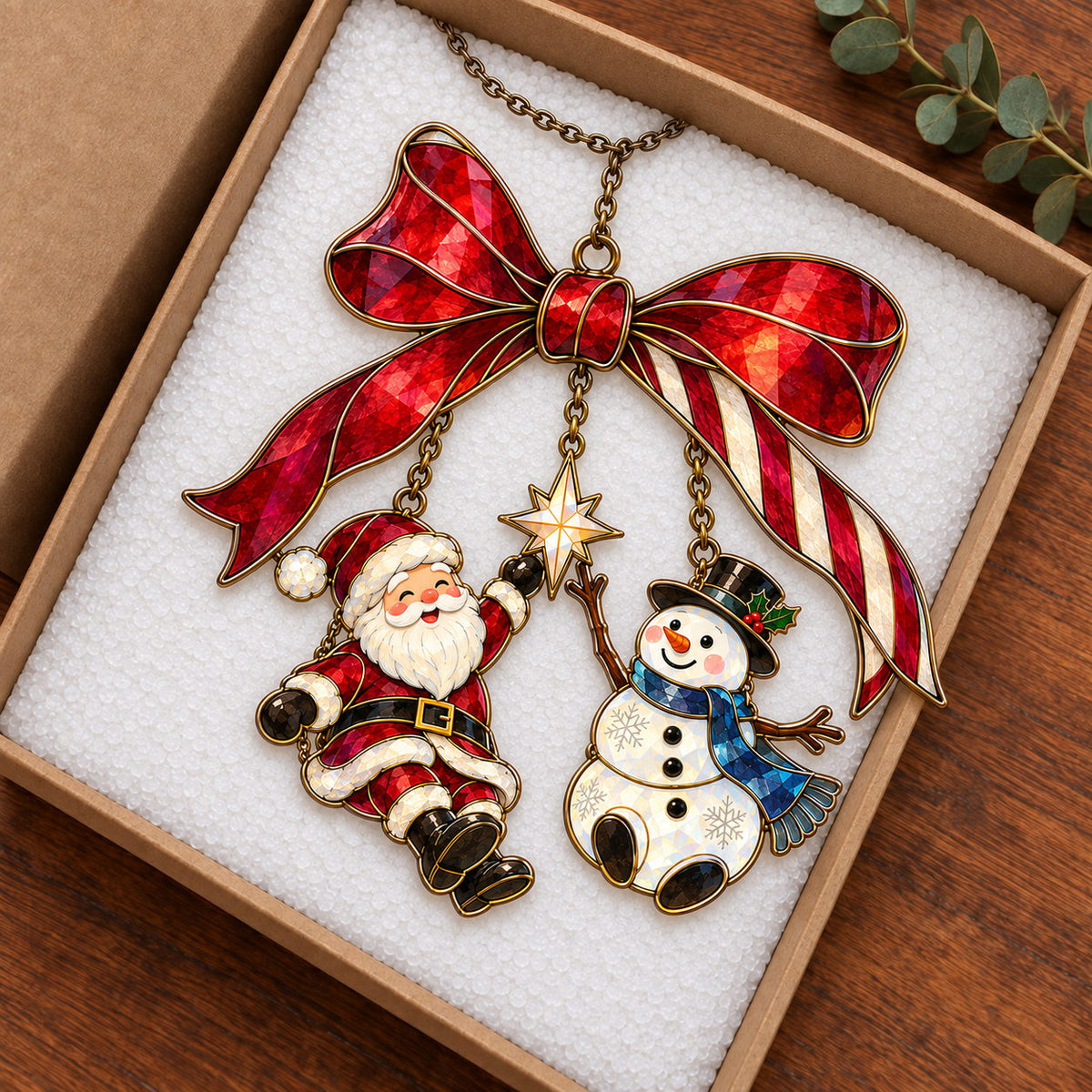 Santa and Snowman on a Candy Cane Bow Holographic Acrylic Suncatcher