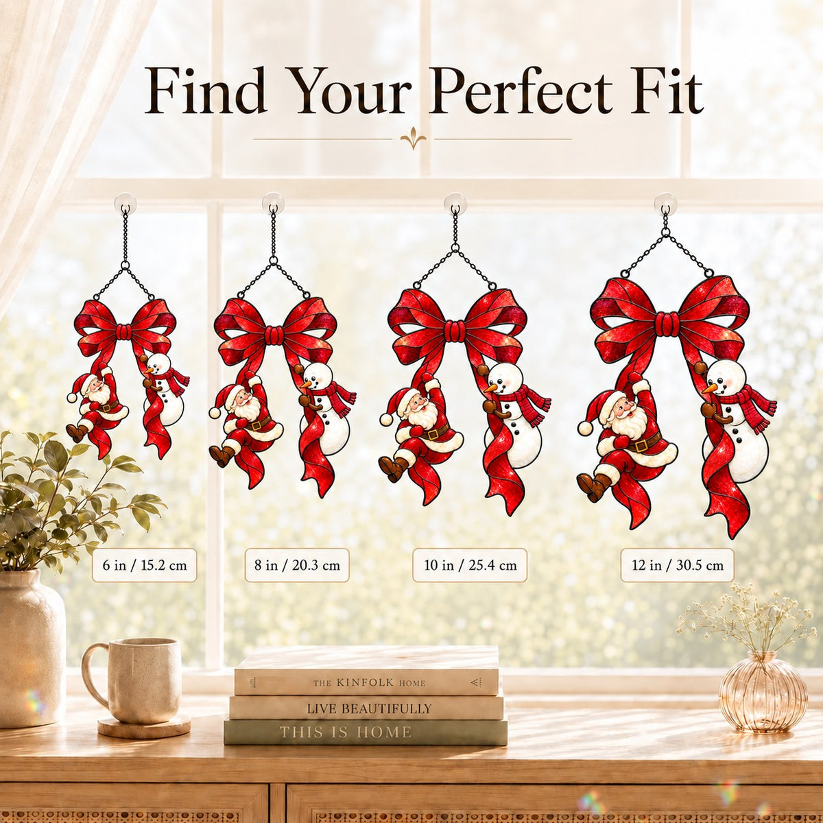 Santa & Snowman Hanging from Red Bow Holographic Acrylic Suncatcher