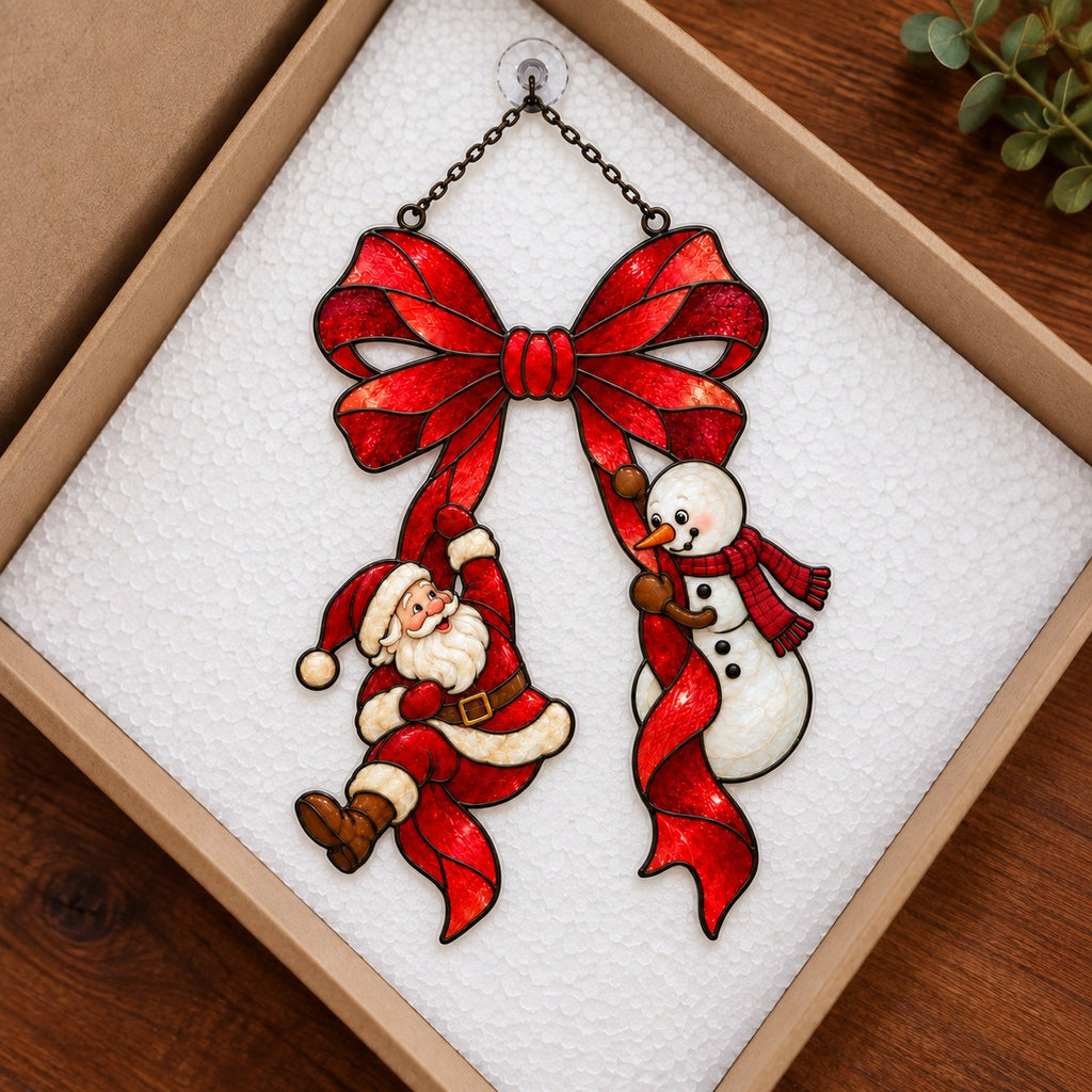 Santa & Snowman Hanging from Red Bow Holographic Acrylic Suncatcher