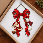 Santa & Snowman Hanging from Red Bow Holographic Acrylic Suncatcher