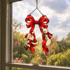 Santa & Snowman Hanging from Red Bow Holographic Acrylic Suncatcher