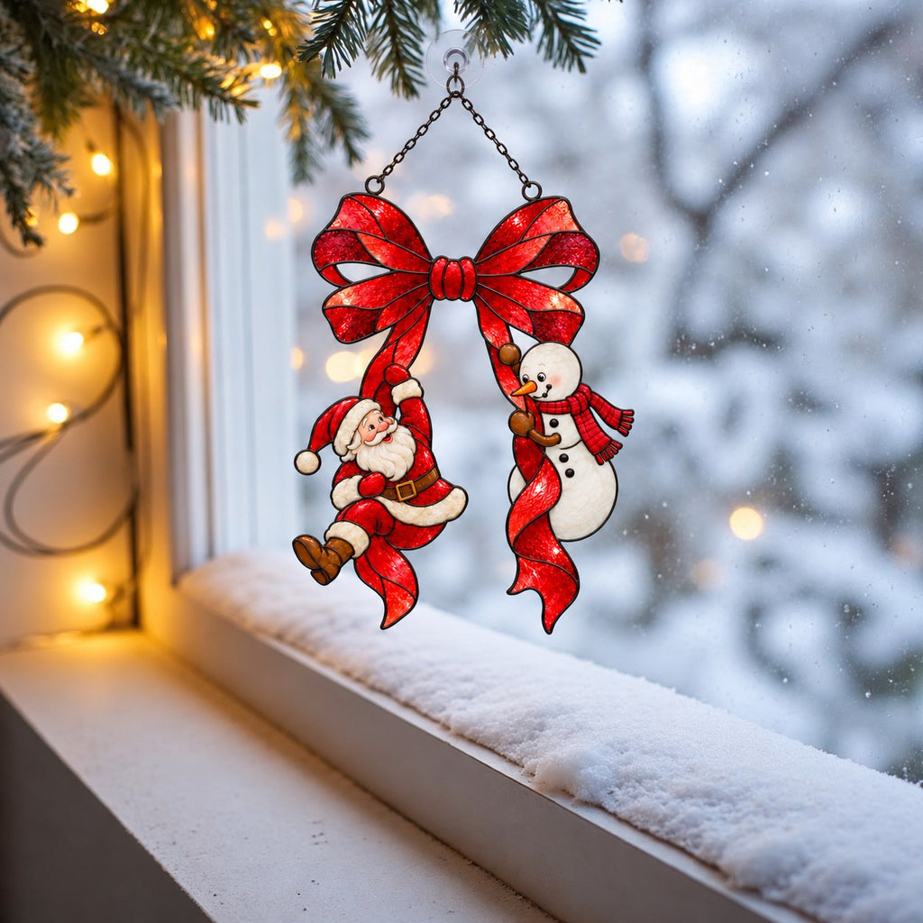 Santa & Snowman Hanging from Red Bow Holographic Acrylic Suncatcher