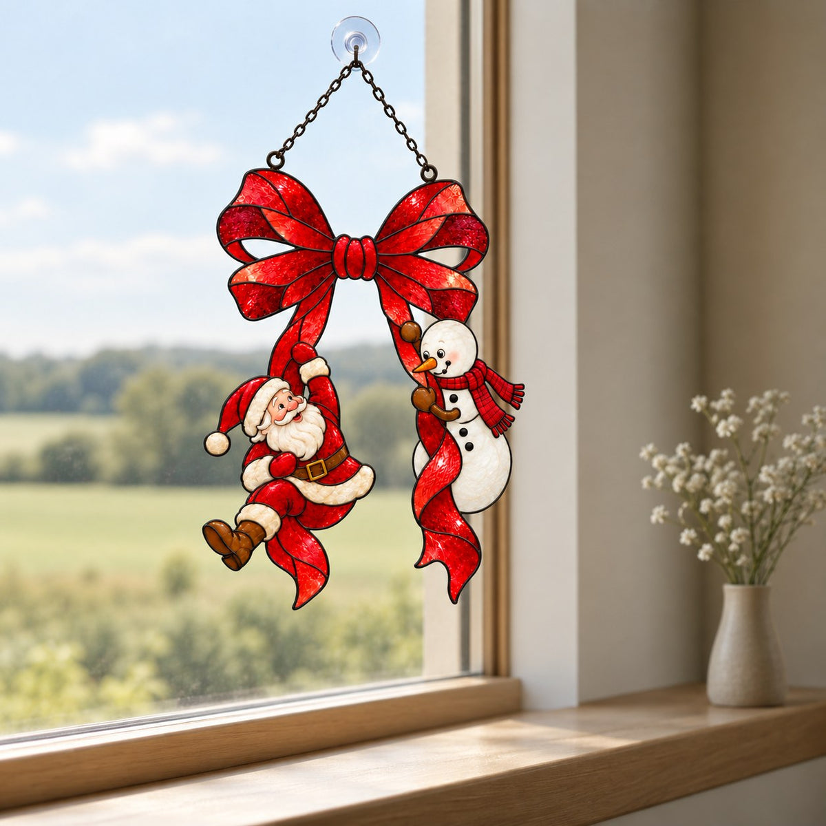 Santa & Snowman Hanging from Red Bow Holographic Acrylic Suncatcher