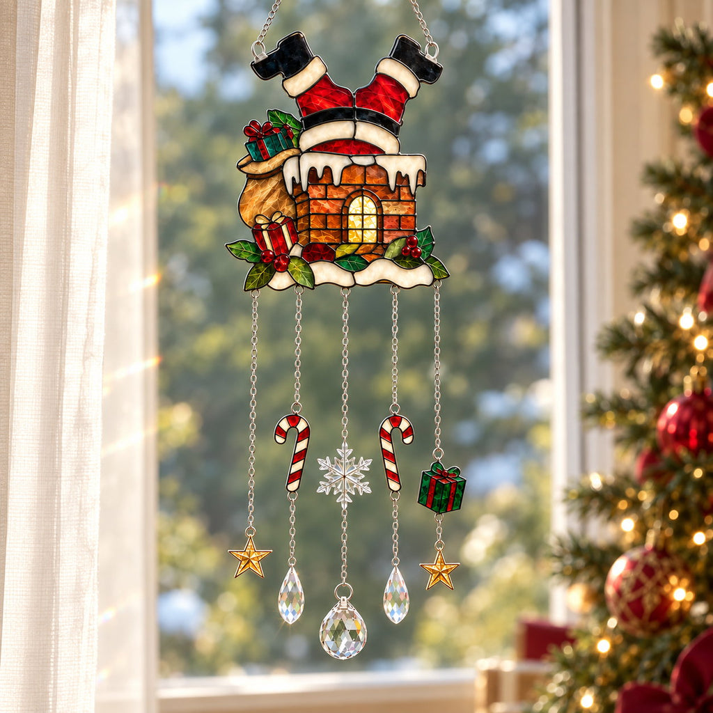 Santa Stuck in the Chimney Holographic Acrylic Suncatcher with Hanging Charms