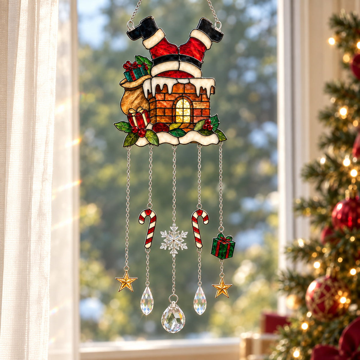 Santa Stuck in the Chimney Holographic Acrylic Suncatcher with Hanging Charms