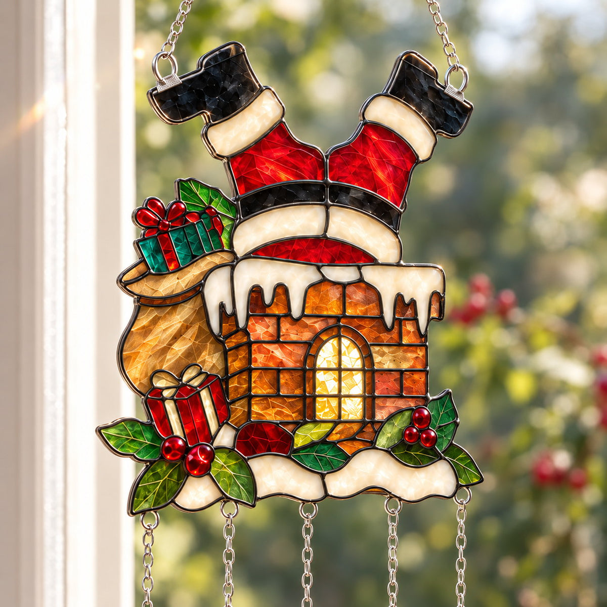 Santa Stuck in the Chimney Holographic Acrylic Suncatcher with Hanging Charms