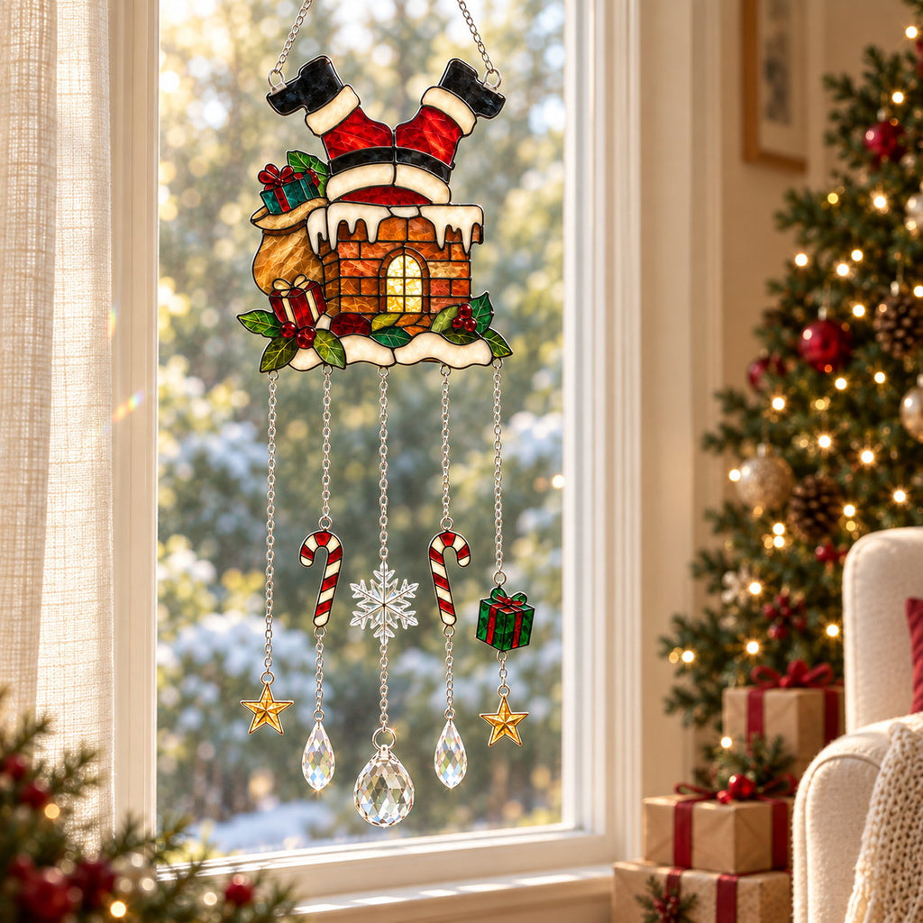 Santa Stuck in the Chimney Holographic Acrylic Suncatcher with Hanging Charms