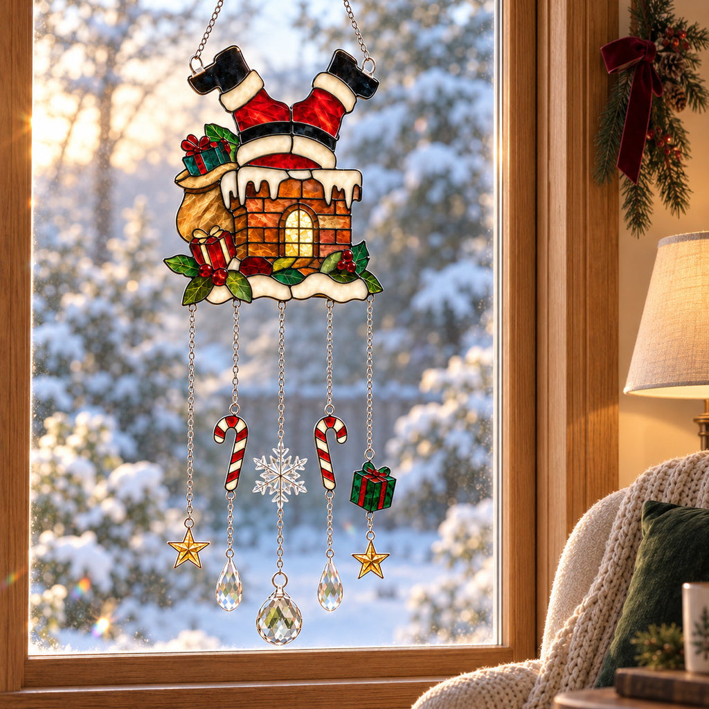 Santa Stuck in the Chimney Holographic Acrylic Suncatcher with Hanging Charms