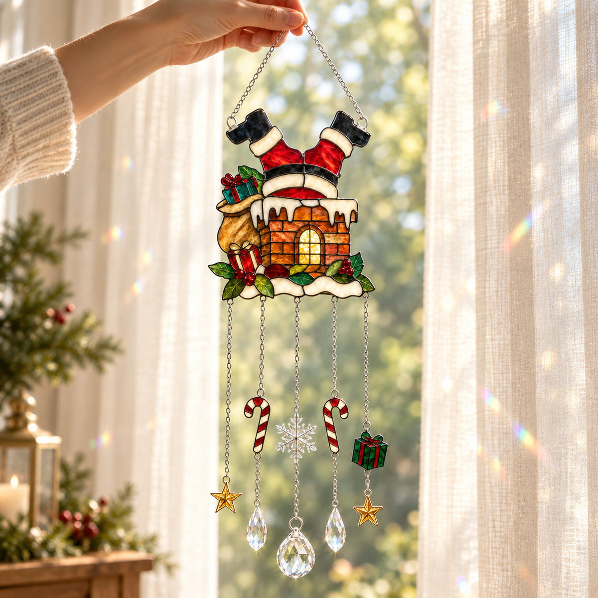 Santa Stuck in the Chimney Holographic Acrylic Suncatcher with Hanging Charms