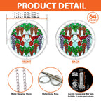 Product detail image showing front and back views, 64 pieces, available sizes, chain, and hardware for the scarlet hummingbird puzzle suncatcher.