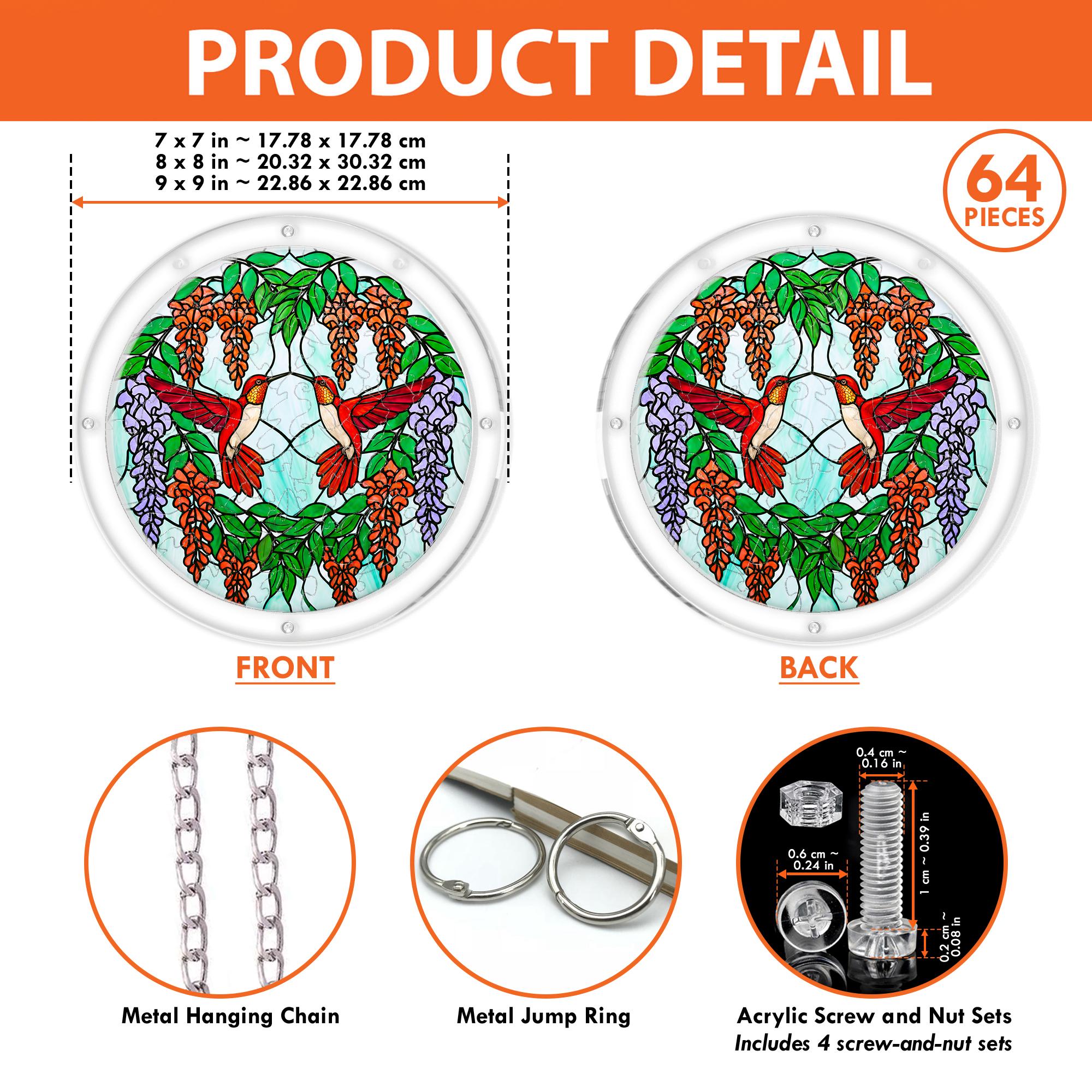 Product detail image showing front and back views, 64 pieces, available sizes, chain, and hardware for the scarlet hummingbird puzzle suncatcher.